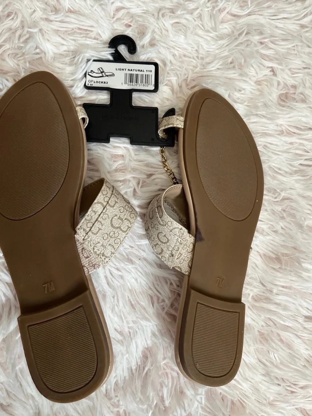 Authentic GUESS Beige Logo-Print Slide Sandals with Gold Chain Accent